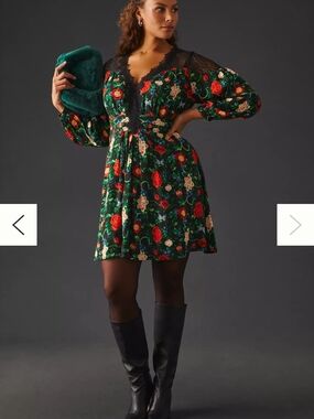 Anthropologie Black Floral Mini Dress with Lace Detail
